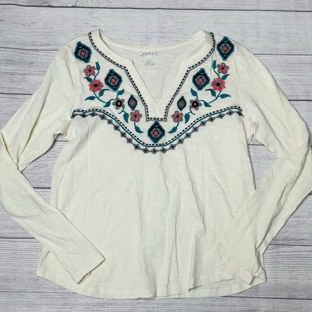Roper Knit Cotton Slub Embroidered Long Sleeve Boho Western Shirt Top Large
